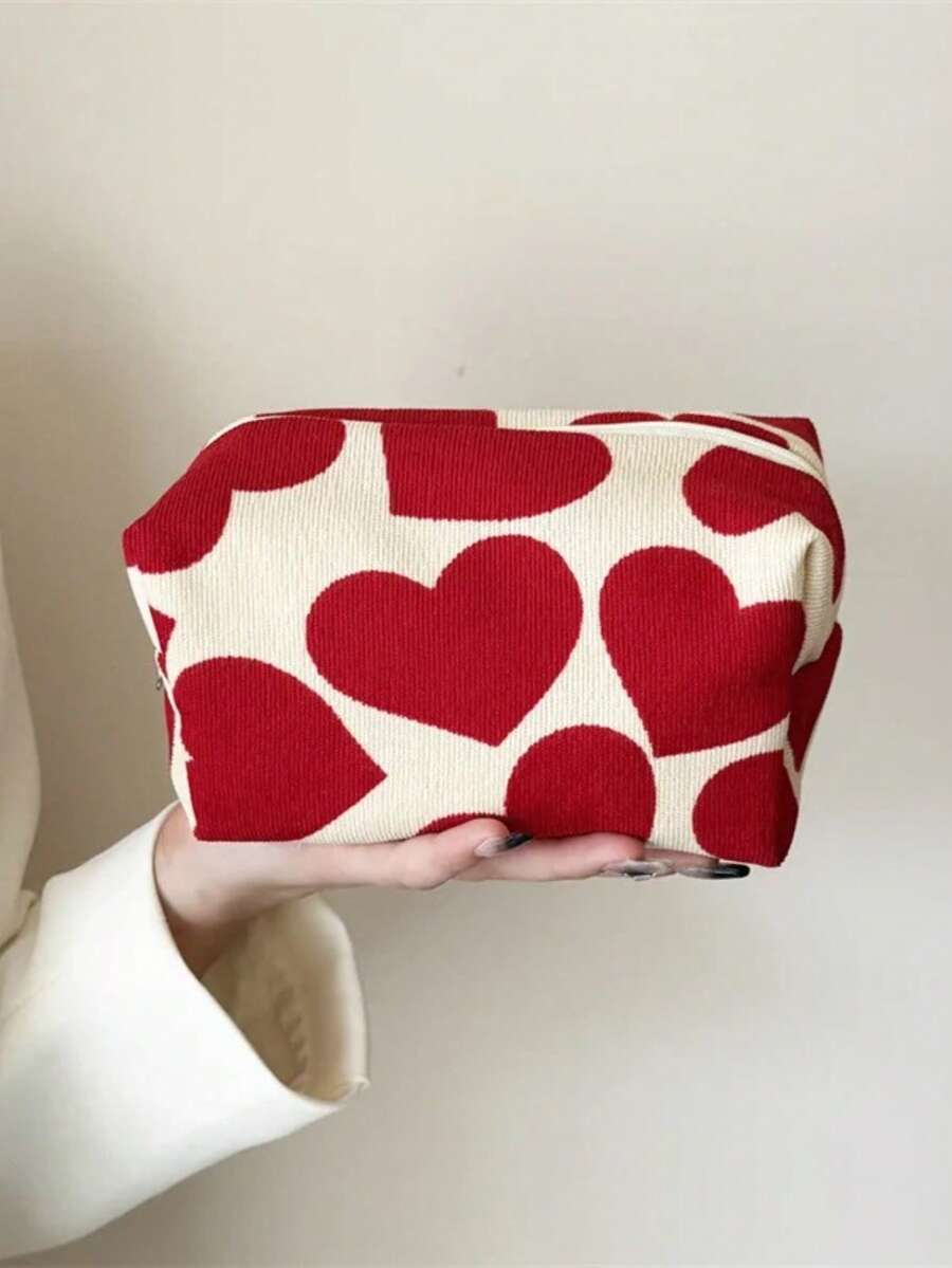 1pc Women Large Capacity Heart Print Pattern Makeup Bag Clutch Cosmetic Organizer Travel Wash Toiletries Storage Bag Makeup Pouch