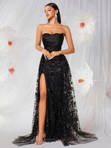 Elisanya Robe dos nu avec col ras-du-cou, broderie perlée, fente haute et détails de liens, convient pour les fêtes, les banquets et les occasions formelles