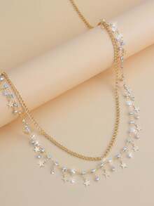 1 件闪亮水钻比基尼腰链，多层身体链配星形流苏