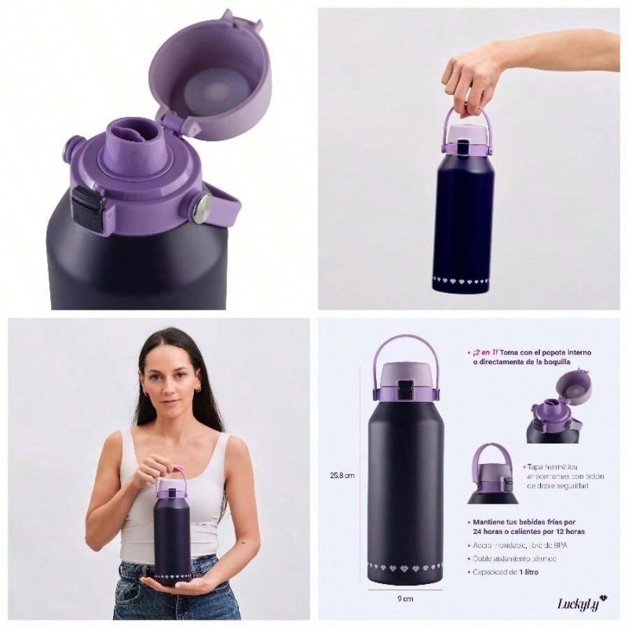 Termo de Acero Inoxidable 1 Litro con Popote, Vaso Trmico con Doble Aislamiento y Tapa Hermtica Antigoteo, Botella de Agua Motivacional como Regalos para Mujer y Mam u2013 Liza, Morado - Morado - Ver 1