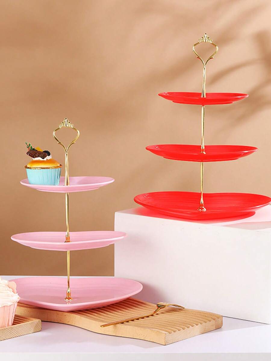 1pc 3-Tier Heart Shaped Cupcake Stand, Plastic 3-Layer Tray, Dessert Fruit Food Cup Cake Display Rack, Suitable For Wedding, Christening, Christmas, Valentine's Day Tea Party And Other Occasions - Multicolor - View 1