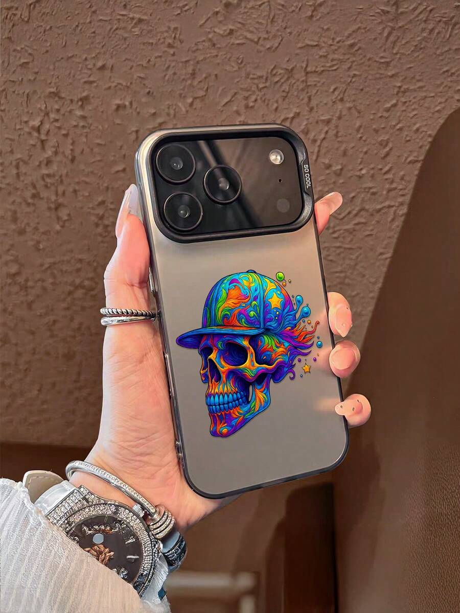 1 pieza Funda de teléfono de Body completo de TPU a prueba de golpes con patrón de calavera colorida con gorra de béisbol, texturas fluídas multicolores y detalles de estrellas y burbujas, para amantes del estilo alternativo Funda Para iPhone 17/16/15/14/13/12/11/plus/pro/promax/Air,Galaxy S25/S24/S23/S22/S21/FE/Plus/UltraSerie resistente al agua, a caídas y a arañazos,regalos para mujeres y hombres,envío nacional - Negro - Ver 1
