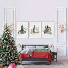 3 pièces Impressions sur canevas de Noël, Forêt d'hiver, Art de cabane de renne, Décoration murale thème mode, Œuvre d'art de vacances pour la maison, Décoration de Noël, Art mural sur canevas, Affiches pour la chambre, Décoration de la maison, Décoration de chambre esthétique, Accessoires de décoration de chambre. Cadre en option, Décoration de chambre.