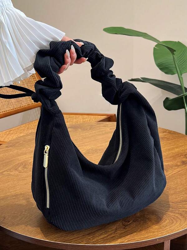 Foldable Velvet Handbag With Drawstring Shoulder Strap, Large Capacity, Vintage Style, Suitable For School, Commute, Autumn Season