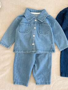 Timzgo 2pcs/Set Young Boy New Washed Blue Casual Loose Elastic Hem Denim Top & Loose Relaxed Tapered Denim Pants Set, Fashionable Versatile Design For Daily Wear - Light Wash - View 7