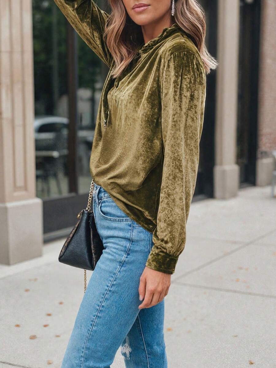 1pcs Casual Velvet Ruffle Stand Collar Pullover Shirt, Ruffle Cuffs, Button Half-Open Placket, Very Suitable For Autumn And Winter Season, Machine Washable Autumn And Winter - 橄欖綠 - 查看 1