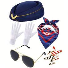5 Piezas Accesorios De Disfraz De Azafata Para Mujeres Conjunto De Ropa De Azafata Sombrero De Azafata Gafas De Sol Bufanda Guantes