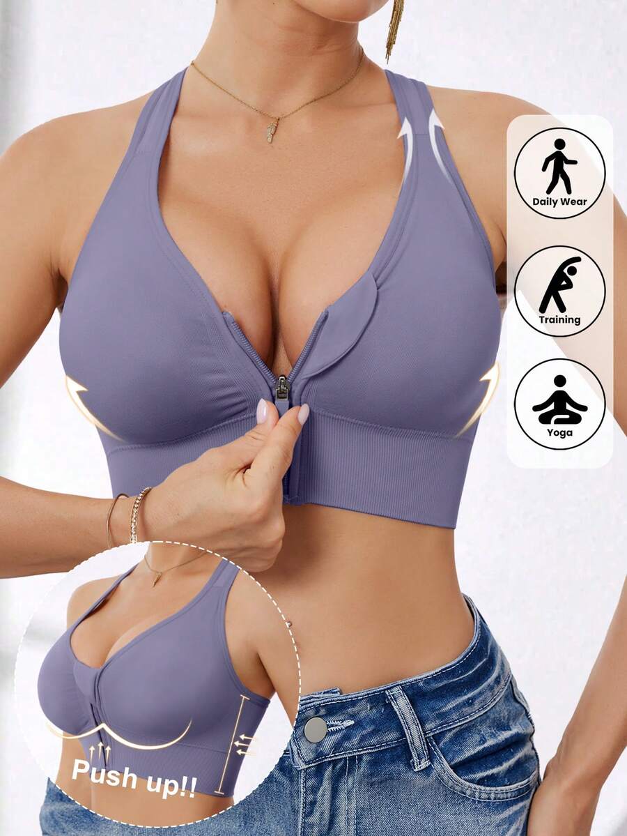 Sujetador deportivo sin costuras con cierre delantero de alto impacto para mujer, adecuado para primavera, verano, otoño e invierno - Morado - View 1