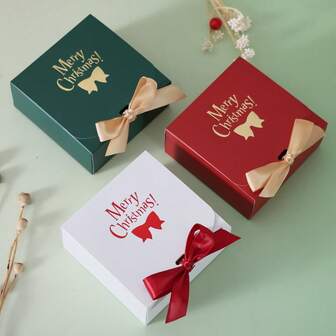 5pcs Merry Christmas Square Candy Gift Box With Bowknot ,Perfect For Christmas Gift Wrapping,European Classic Candy Box,Party Decoration Supplies,High-Grade Cardboard Dessert Candy Gift Box,