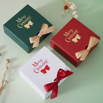 5 pezzi Scatola regalo quadrata per caramelle natalizie con fiocco, perfetta per incartare regali di Natale, scatola classica europea per caramelle, forniture per decorazioni per feste, scatola regalo in cartone di alta qualità per dolci e caramelle