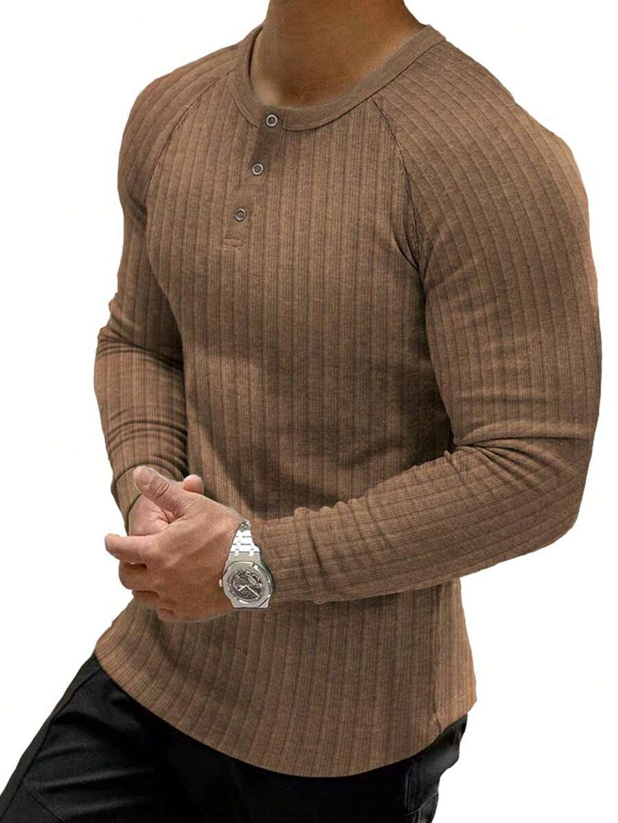 Men's Ribbed Henry Shirt Slim Fit Muscle T-Shirt Cotton Casual Long Sleeved Shirt,Suitable For Traveling, Keeping Warm As An Inner Layer, And Giving Gifts During Festivals - màu nâu - Xem 1