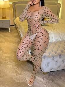 Leopard Print Nude Bodysuit - Sheer Mesh Catsuit With Thigh-High Stockings, Playful Cosplay Lingerie Set - sy06 - 查看 4