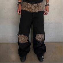 Fashion Stitching Leopard Print Retro Jeans, Punk Style Electronic Sound Black Jeans Wide Leg - Black - View 6