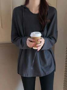 Las mujeres sueltas viento perezoso sección delgada Sudadera con capucha, suéter de manga larga de las mujeres - Gris Oscuro - Ver 2