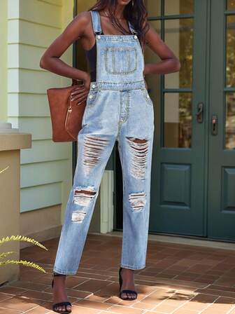 时尚破洞牛仔背带裤，百搭女式休闲连体裤