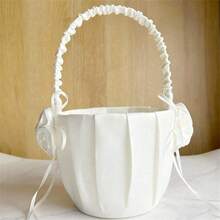 1个婚礼花篮，鲜花收纳篮，花童篮，带玫瑰扣缎带悬挂式花篮，适用于婴儿派对、婚礼、宝宝生日派对、节日庆典、性别揭晓派对装饰 - 彩色 - 查看 5