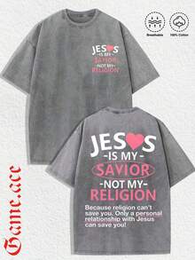 1 PCS Religious "Jesus Is My Savior, Not My Religion" Graphic Tee: Featuring Distressed Vintage Finish, Front & Back Bold Letter Prints With Pink Heart Accent, Inspirational Text "Because Religion Can't Save You. Only A Personal Relationship With Jesus Can Save You!", Crafted From Breathable 100% Cotton, Perfect For Infusing Spiritual & Nostalgic Vibes Into Outfits During Easter Celebrations, Church Events, Or Daily Wear, Christmas & Halloween & Thanksgiving Day & Valentine's Day & Pride & Father's Day & Easter & Mother's Day & New Year & Spring Festival, Men's Round Neck Printed Short Sleeve Casual Everyday T-Shirt, They Are Excellent Gifts For Friends And Family, 100% Cotton T-Shirts Feature, A Youthful And Fashionable Design, Graphic Tees Men, Graphic Tees Women, Cachorro Feliz, Back To School - 灰色 - 查看 1