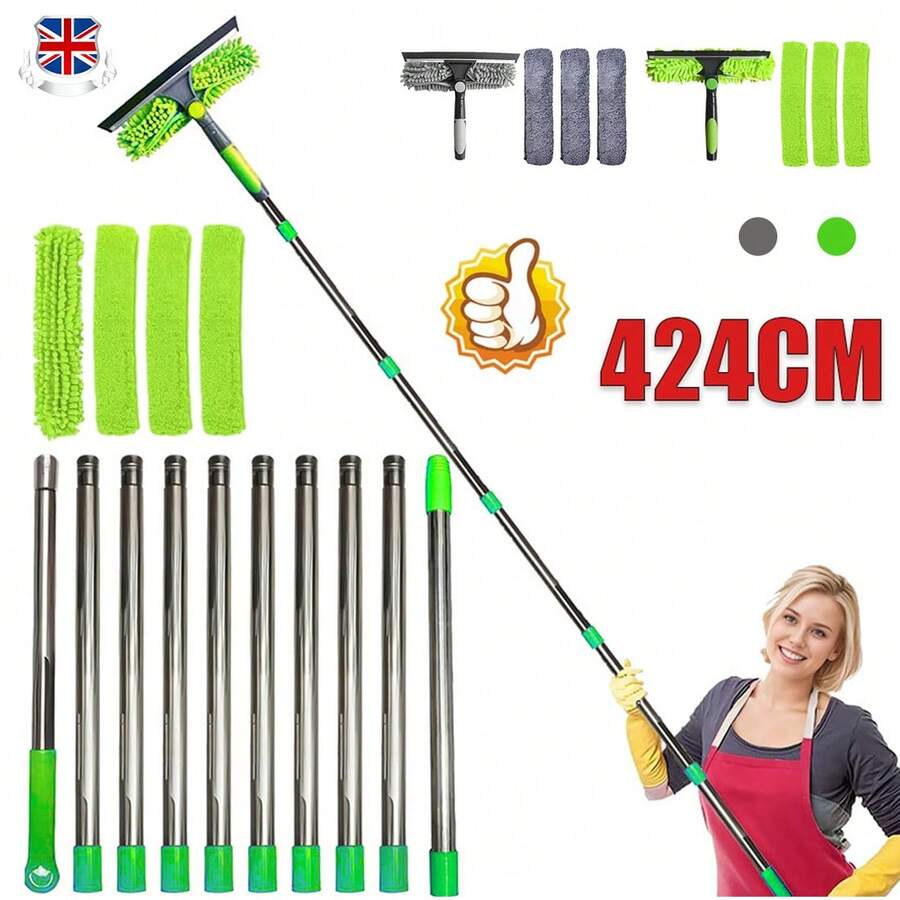 Telescopic Extendable Window Cleaner Equipment Glass Cleaning 4.5m Squeegee UK - Green - View 1