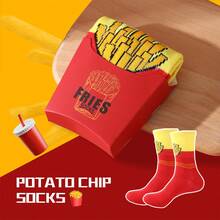 一双多色中筒袜，男女通用情侣礼盒装，薯条图案，创意美食灵感袜子，舒适百搭，适合生日、情人节、复活节、斋月、约会、家庭聚会、派对和节日等场合。
