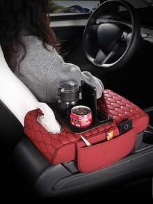 [Car Armrest Pad]Multifunctional Car Armrest Pad | Fashionable Embroidered Pattern Center Console Heightening Pad, With Cup Holder, Tissue Box And PU Leather Side Storage Pocket - Multicolor - View 10