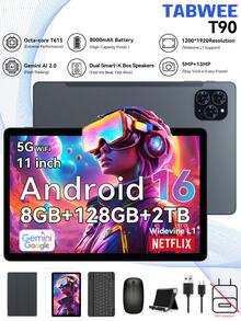 TABWEE 11英寸安卓平板电脑，8GB+128GB，5G WiFi，八核处理器，5000mAh电池，5MP+8MP摄像头，配备键盘、鼠标、手写笔和保护套（不含适配器）