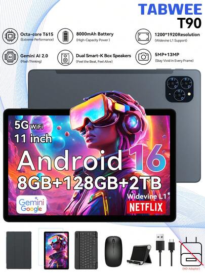 TABWEE 11英寸安卓平板电脑，8GB+128GB，5G WiFi，八核处理器，5000mAh电池，5MP+8MP摄像头，配备键盘、鼠标、手写笔和保护套（不含适配器）
