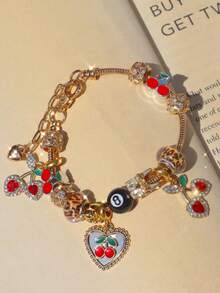 1pc Leopard Print Cherry Pendant Bracelet, 1pc Black Cherry 8mm Beaded Leopard Print DIY Bracelet, 1pc Adjustable Length Red Cherry Music Festival Lobster Clasp Bracelet - Multicolor - View 6