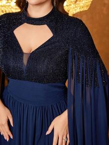 UNITHORSE Plus 女式露背超长袖贴花流苏修身开衩气质晚礼服 - 藏蓝色 - 查看 5