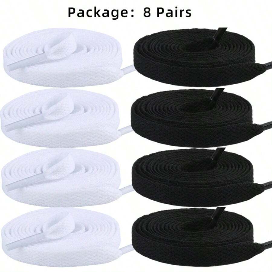 8 pares de cordones planos para zapatillas deportivas, cordones para zapatillas deportivas, zapatillas deportivas, cordones para botas. - Multicolor (4 pares de negro + 4 pares de blanco) - Ver 1