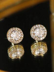 1 Pair Round Cubic Zirconia Decor Stud Earrings For Women Wedding Dresses Dating Gift - Vàng - Xem 6