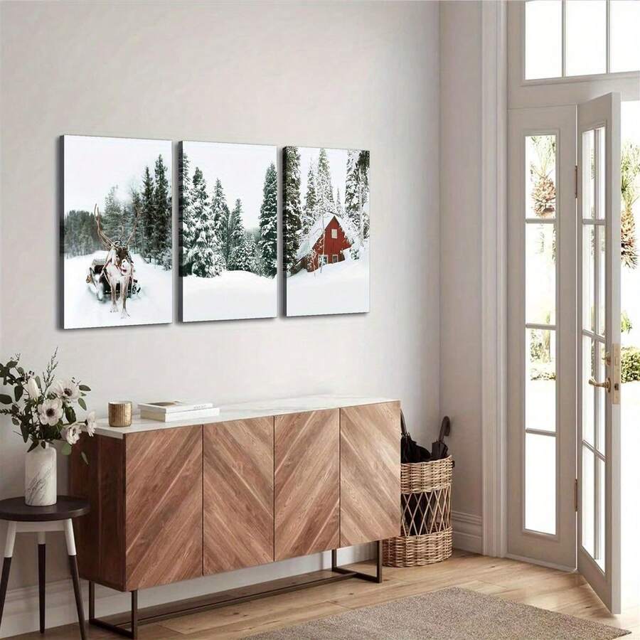 3 قطع طباعة رنة، طباعة كوخ أحمر شمالي شتوي، لوحة فنية لعيد الميلاد، ملصق قماشي إبداعي، لوحة جدارية قماشية مقاومة للماء، لوحة فنية لهدية، غرفة النوم، المكتب، الديكور، المنزل وديكور السكن الجامعي