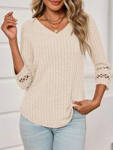 Womens Lightweight Thermal Fall Tunic Tops Lace V Neck 3/4 Sleeve Ribbed Blouse, Underscrubs Long Sleeve Base Layer - Màu be - Xem 5