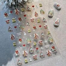 1pc Christmas Nail Stickers, Shell Shine Christmas Candy House Cute Snowman Decorative Stickers, Crystal Diamond Hot Stamping Bow Nail Stickers, Christmas Decorations