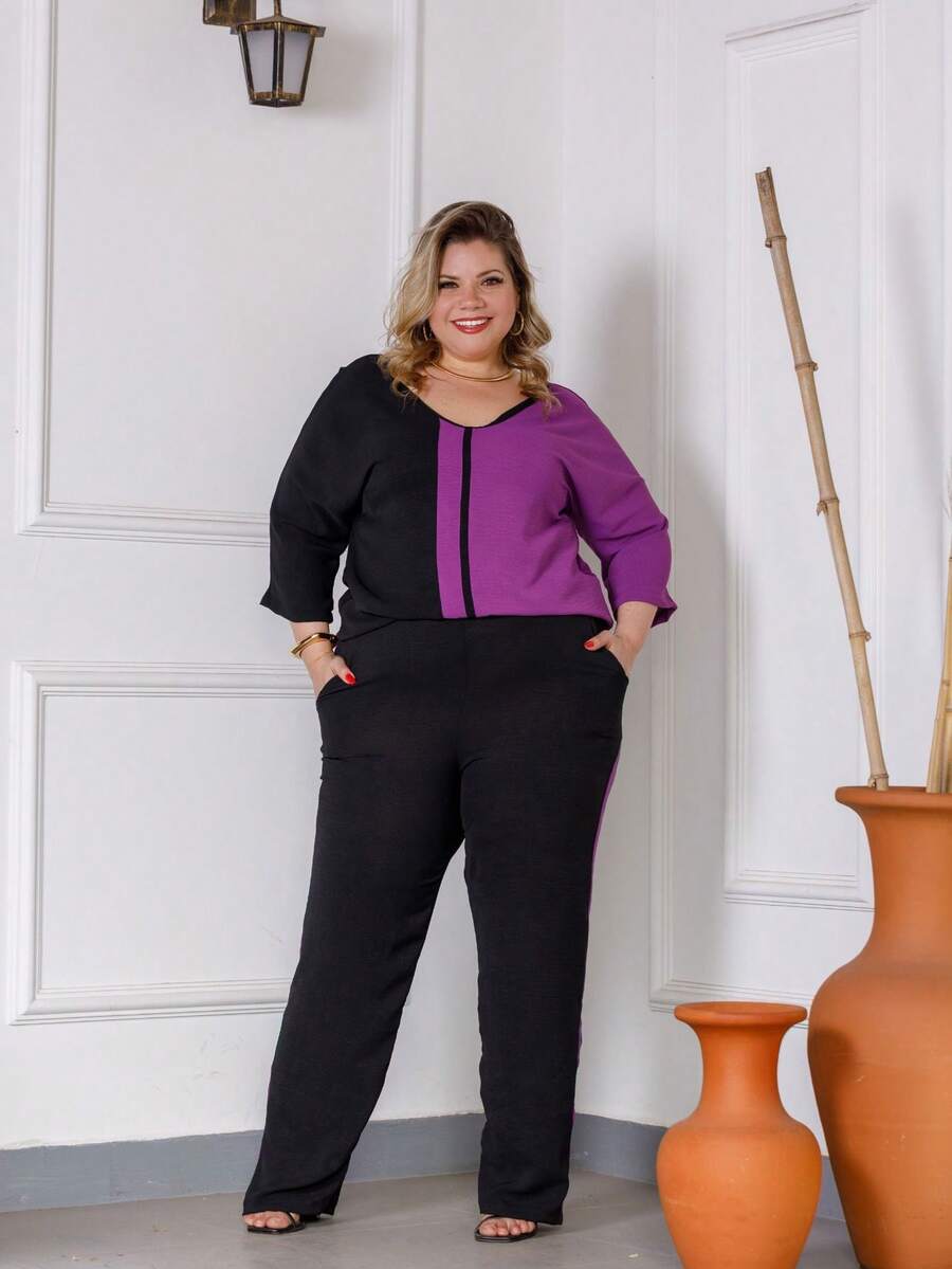Maison Raglan Sleeve Blouse And Plus Size Summer Pants Set - Purple - View 1