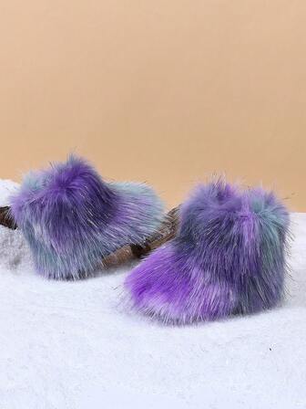 1 双女童彩色仿皮草靴，一脚蹬保暖内衬靴子，简约英伦风格圆头防滑鞋底，时尚可爱靴子适合 3-12 岁女童室内外穿着，秋冬新款