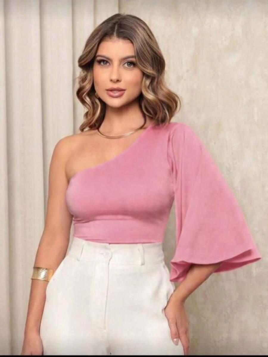 Elegant Women's One-Shoulder Bodysuit In Fluity Fabric - 淺粉色 - 查看 1