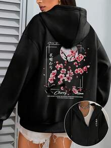 Women's Ditsy Floral Hooded Sweatshirt | Soft Lining | Loose Long Sleeve | Casual Cardigan With Pockets, Women Coat, Women Cardigan, Long Sleeve Top, Women Long Sleeve Top, Women Autumn, Winter, Women Outerwear Top - Black - View 2