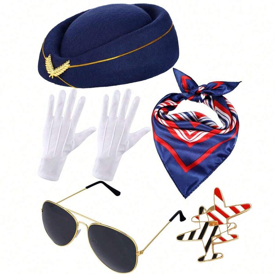 5 Piezas Accesorios De Disfraz De Azafata Para Mujeres Conjunto De Ropa De Azafata Sombrero De Azafata Gafas De Sol Bufanda Guantes