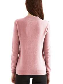 Sweater Wanita 100% Wol Merino, Lembut & Hangat, Pullover Kerah Tinggi, Musim Gugur/Musim Dingin, Desain Satu Potong Tanpa Jahitan - Berwarna merah muda - View 3