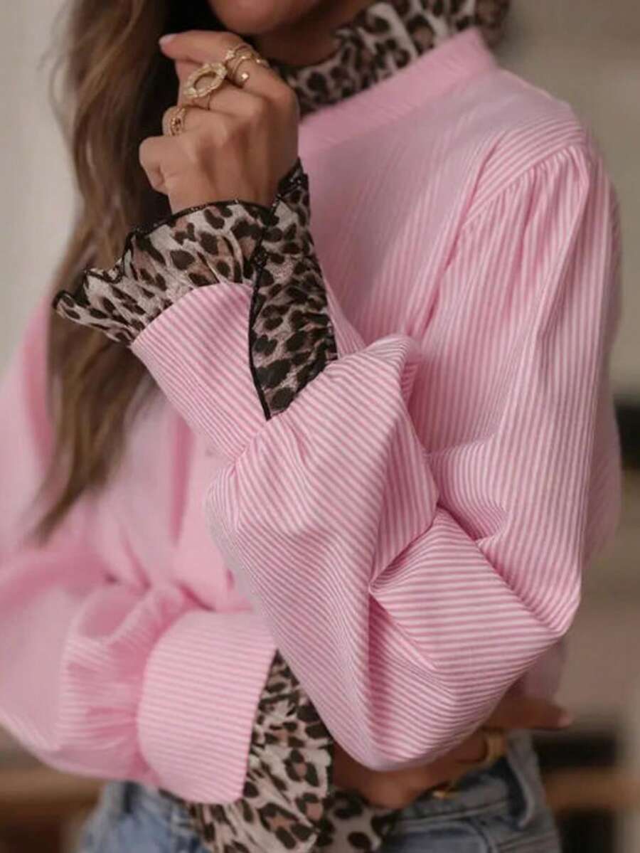 Women's Leopard Print Patchwork Long Sleeve Single-Breasted Loose Casual Shirt