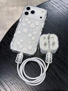 白色花朵时尚手机壳四合一套装：1个气垫手机壳 + 1个波浪纹英规插头充电器保护套 + 2个数据线保护套，UV喷绘雏菊图案，兼容英国标准苹果快充适配器，适用于 7/8/7+/8+/X/XS/XR/XSMax/11/11Pro/11ProMax/12/12Pro/12ProMax/12Mini/13/13Pro/13ProMax/13Mini/14/14Pro/14Plus/14ProMax/15/15Pro/15Plus/15ProMax/16/16Pro/16Plus/16ProMax/17/17Pro/17ProMax/AIR，春季复活节礼物 - 彩色 - 查看 3