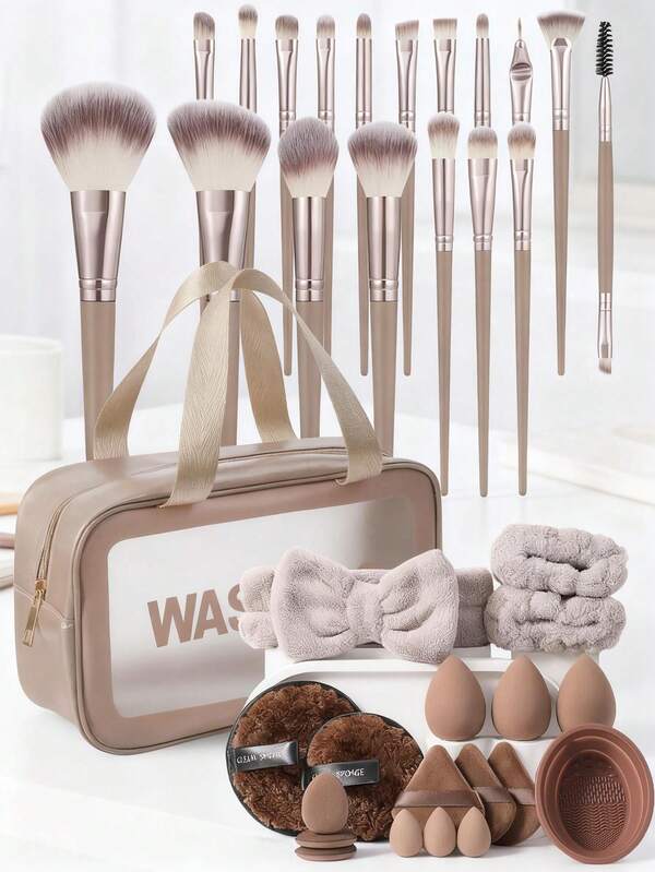 37PCS Makeup Tool Set, Including: 1 Multi-Functional Zipper Toiletry Bag, Makeup Bag Waterproof, 18 Makeup Brush Sets, 3 Makeup And Beauty Eggs, 3 Mini Makeup And Beauty Eggs, 3 Triangular Powder Puffs, 3 Small Air Cushion Powder Puffs, 1 Hair Tie, 2 Hand Bowl Straps, 1 Makeup Brush Cleaning Tool, 2 Facial Cleansing Powder Puffs