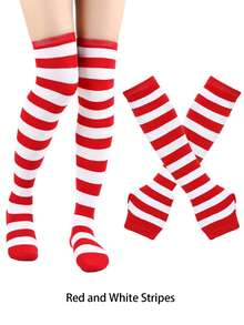 1 Set Women's Christmas Striped Thigh High Socks + Gloves, Red/White, Green/White, Red/Green, Purple/Black Striped Knee Socks, Suitable For Stage Performance, Cosplay, Christmas Party, Winter Warm Socks, Y2K Style