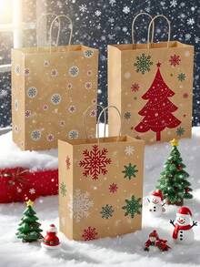 12个/6个带手柄的圣诞礼品袋，六种款式的圣诞牛皮纸袋，圣诞礼品袋，牛皮纸节日包装袋，圣诞驯鹿礼品袋，圣诞树礼品袋，雪花礼品袋，带有圣诞图案，新年礼品袋，适用于节日派对小礼物和圣诞礼盒包装，派对礼品袋 - 彩色 - 查看 5