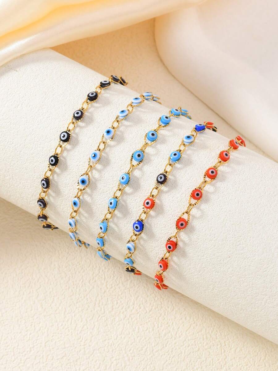 1pc Fashionable Golden Stainless Steel Devil Eye Bead Sliding Bracelet, Handmade With Size Variation