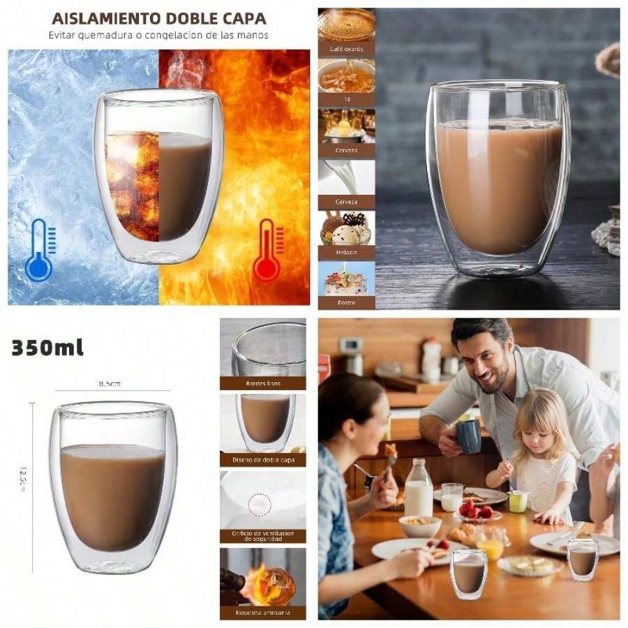 Taza de caf vidrio doble pared de 6 piezas, Premium Set Vasos y Tazas Doble Pared de Vidrio Trmico Borosilicato, taza de espresso, Apto para capuchino, caf expreso, t 6x 350 ml - 6 x 350 ml - Ver 1