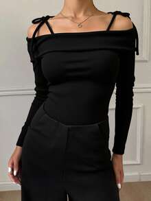 Livesso Women's Off Shoulder Tie Front T-Shirt, Black, Spring/Summer,Fall Clothes Going Out Tops - Black - View 4