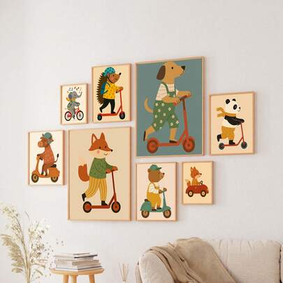 1 幅带框/帆布墙面艺术，动物自行车主题装饰。浴室墙面装饰。主题海报，卧室装饰，房间装饰，家居装饰，装饰品，冬季家居装饰，墙面装饰。适用于儿童房、托儿所、男孩和女孩派对卧室装饰墙、日托教室装饰。防水材料。房间床头装饰壁纸，派对装饰礼品。浴室墙面装饰。