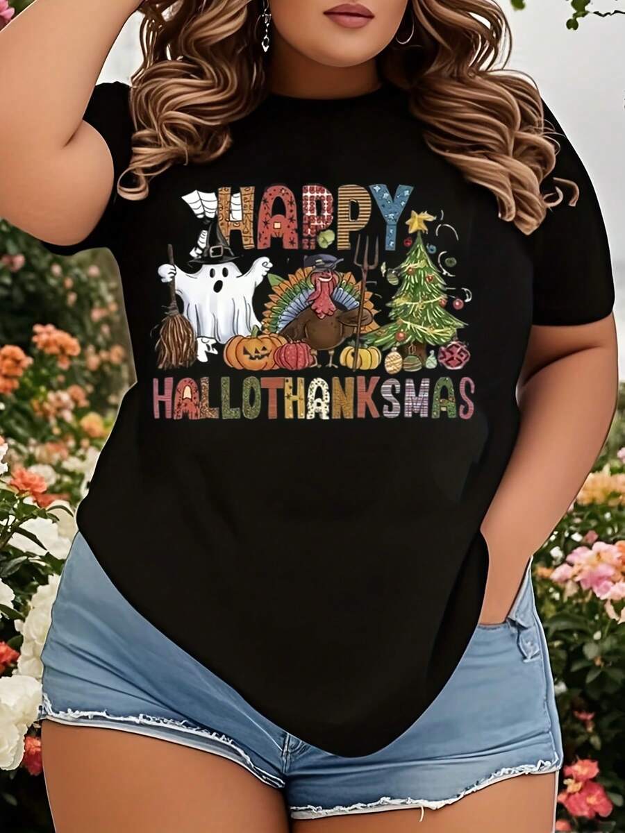 Happy Hallothanksmas T-Shirt For Women - Festive Halloween Thanksgiving Christmas Holiday Graphic Tee, Plus Size Comfortable Crewneck Top For Fall Season Celebrations - 黑色 - 查看 1