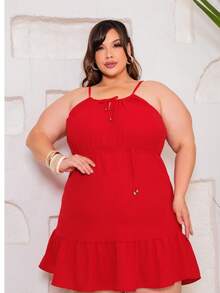 DRESS All-Over Print Flowers Ruched Ruffled Hem Holiday - Plain Red - View 3
